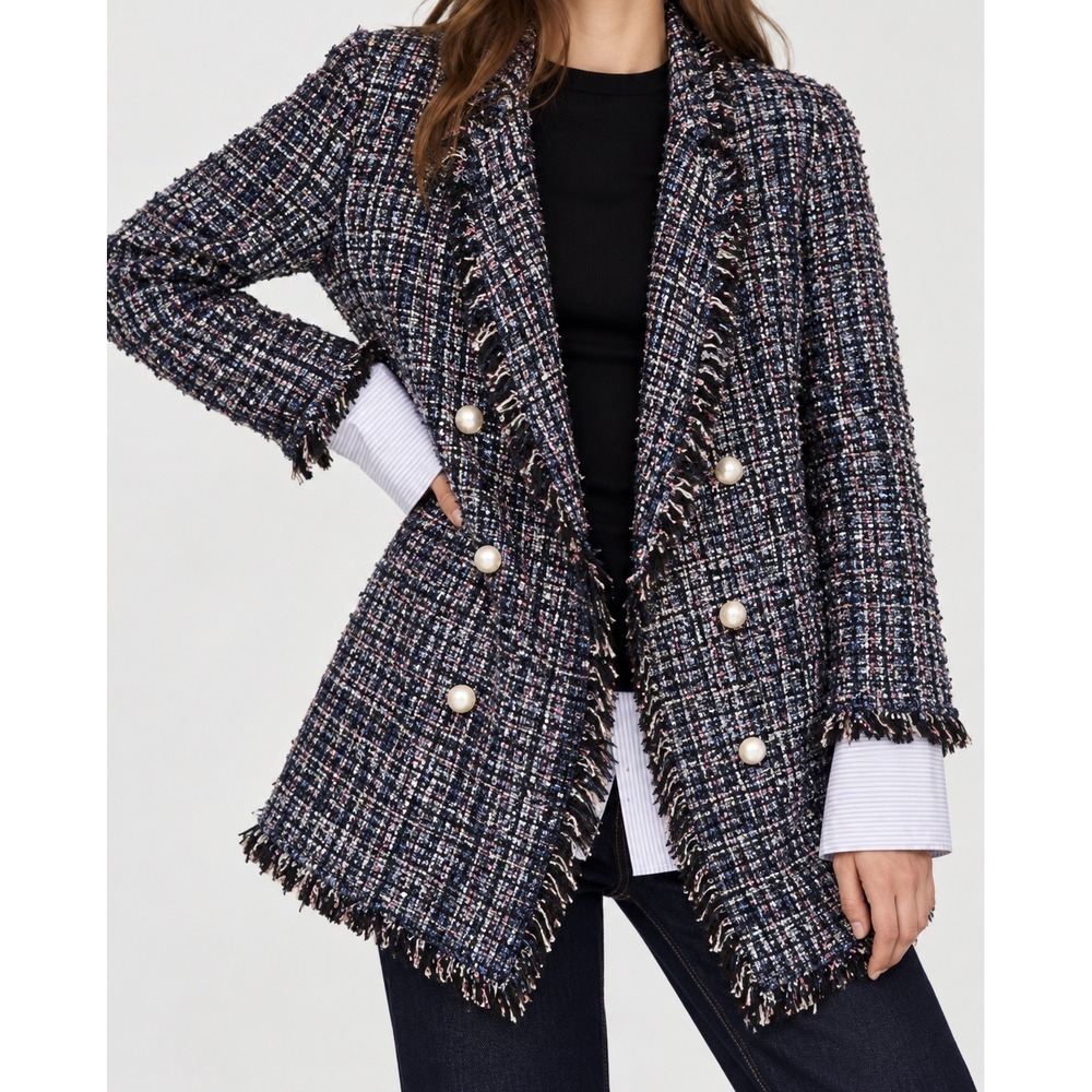 Zara Tweed Lurex Blazer Coat MultiColor Pearl Buttons Jacket Frayed Trim Size L